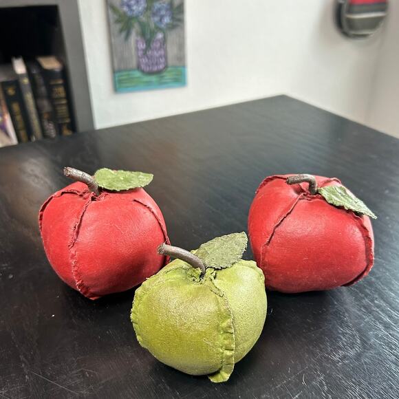 Filler Bowl Decor Apples- Set of 3- Red Green- painted fabric- Stems- Vintage - Picture 1 of 6